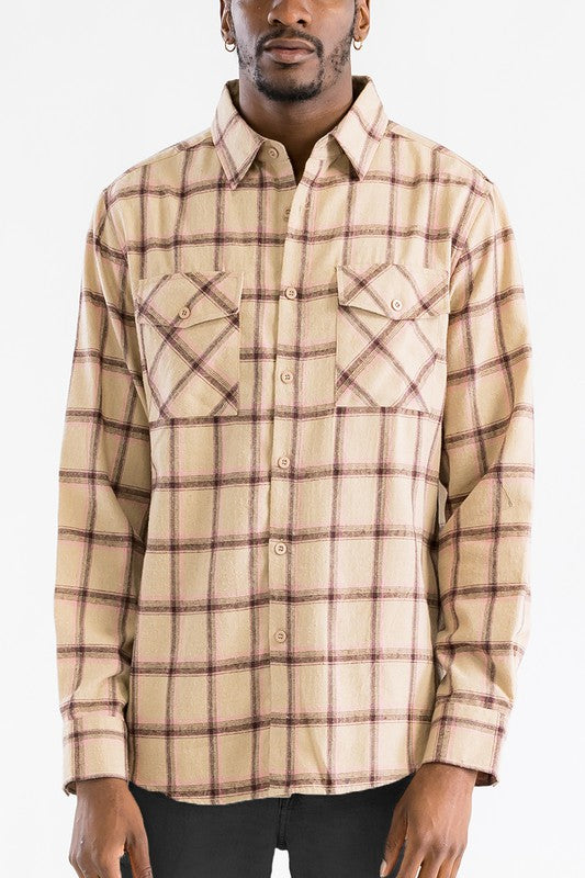 TEEK - LONG SLEEVE FLANNEL PLAID CHECKERED SHIRT TOPS TEEK FG KHAKI PINK S