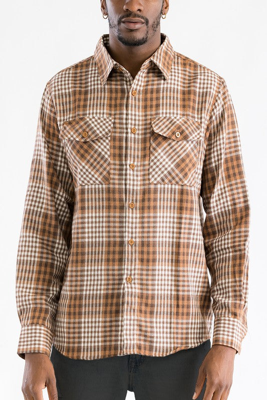 TEEK - LONG SLEEVE FLANNEL PLAID CHECKERED SHIRT TOPS TEEK FG MOCHA BROWN S