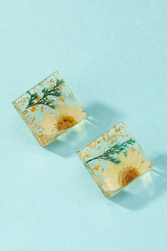 TEEK - Dried Daisy Flower Square Resin Stud Earrings JEWELRY TEEK FG