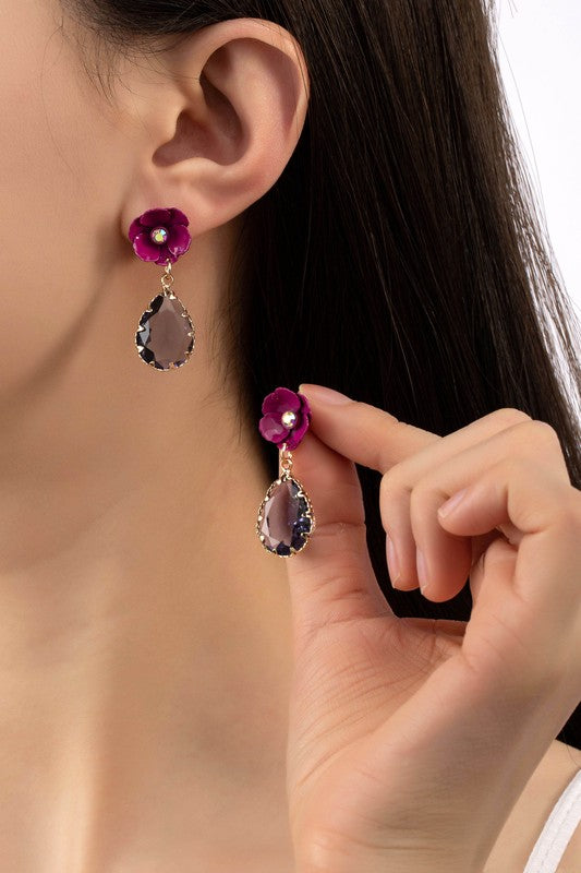 TEEK - Fuchsia Flower Gem Stone Drop Stud Earrings JEWELRY TEEK FG