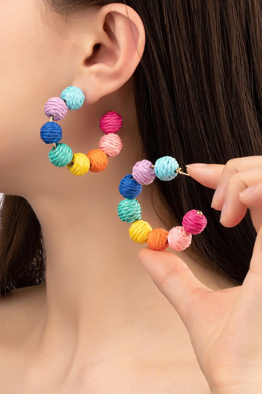 TEEK - Rainbow Raffia Straw Ball Hoop Earrings JEWELRY TEEK FG   