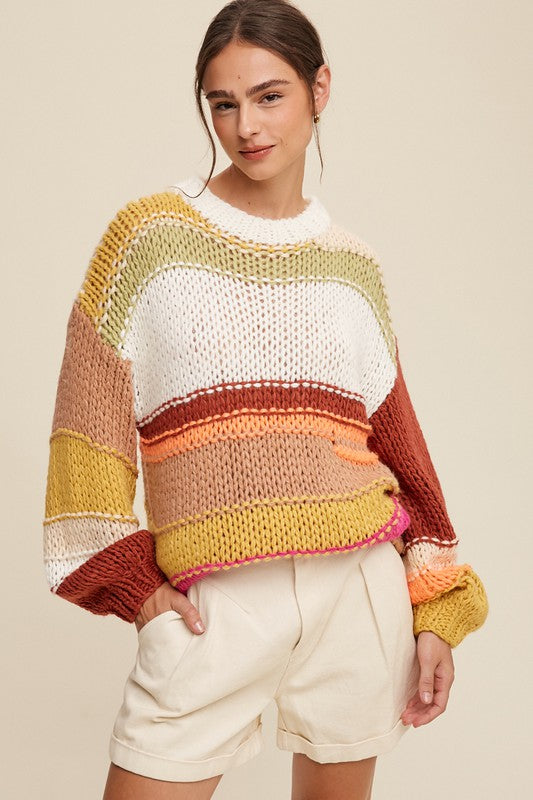 TEEK - Brick Multi Mixed Knit Slouchy Hand Crochet Sweater