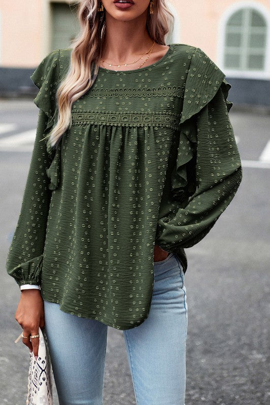 TEEK - Lace Eyelet Ruffle Shoulder Long Sleeve Blouse TOPS TEEK FG