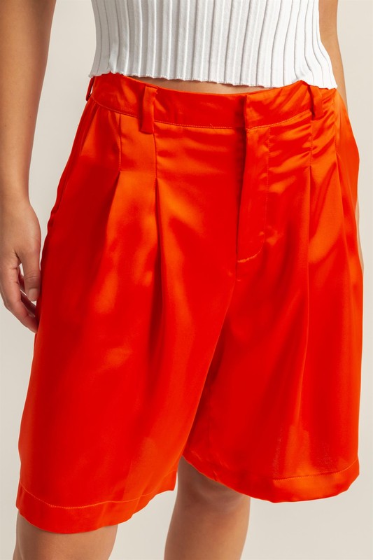 TEEK - Red High-Waist Pleated Satin Shorts SHORTS TEEK Trend