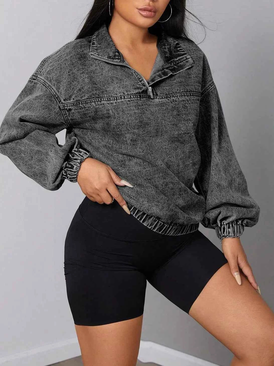 TEEK - Elastic Hem Quarter Zip Denim Top TOPS TEEK Trend
