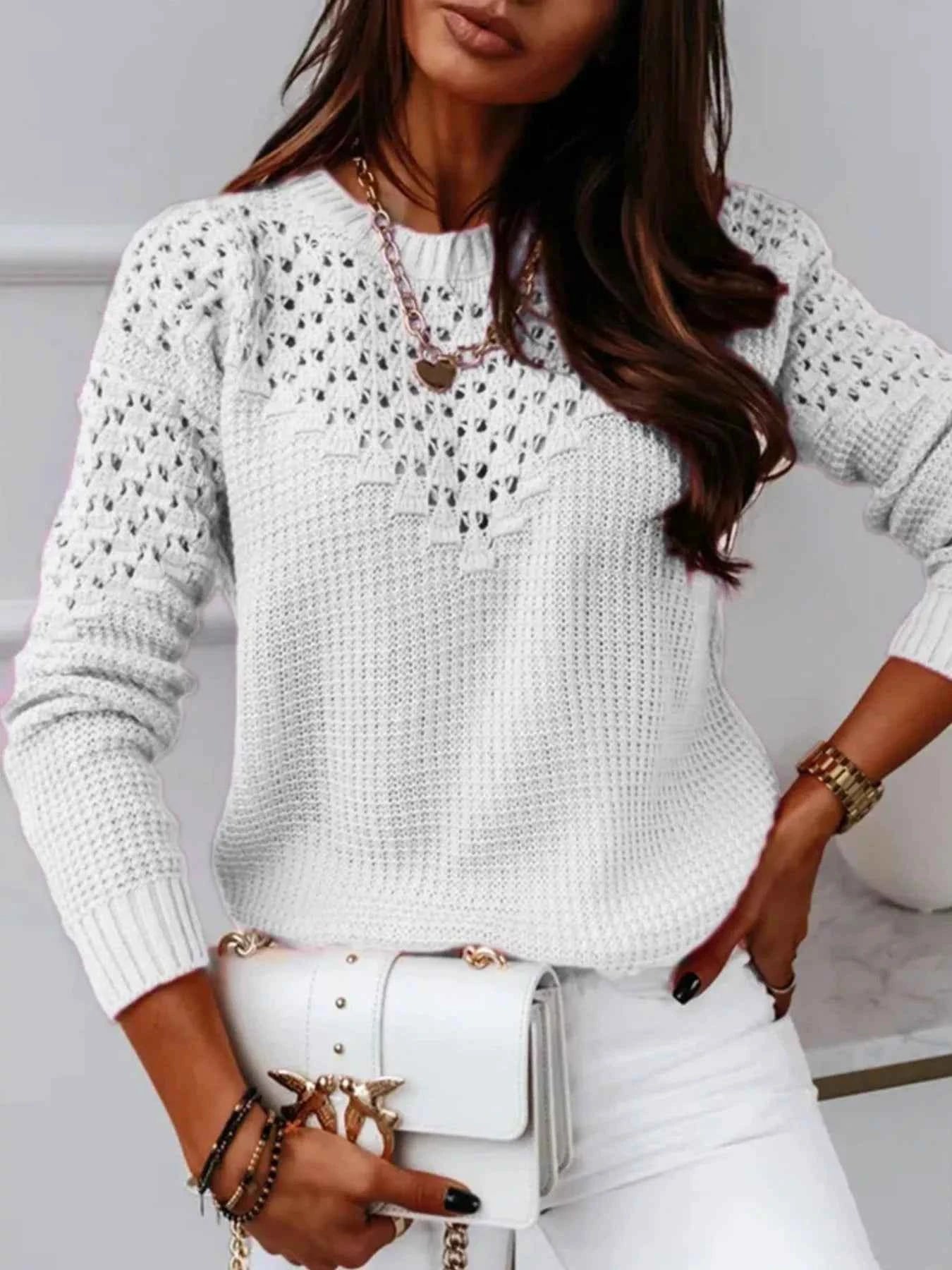 TEEK - Textured Openwork Round Neck Sweater TOPS TEEK Trend White S