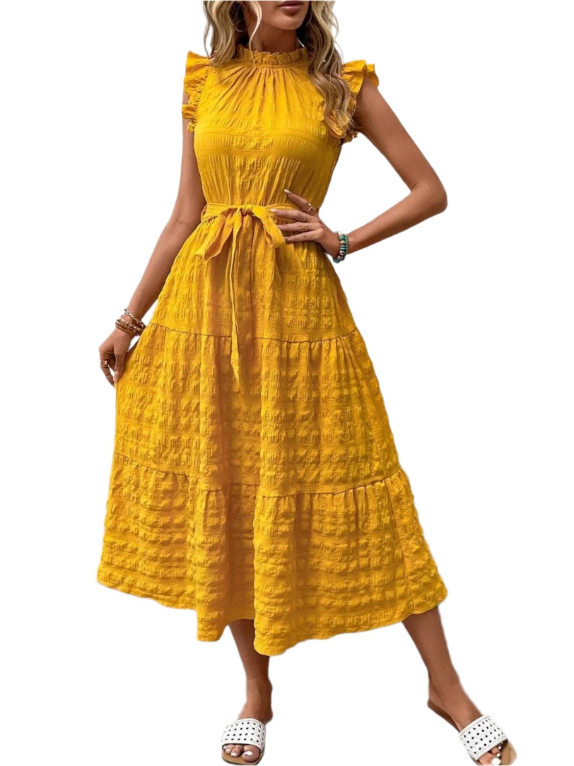 TEEK - Tied Ruffled Cap Sleeve Belted Dress DRESS TEEK Trend Gold S