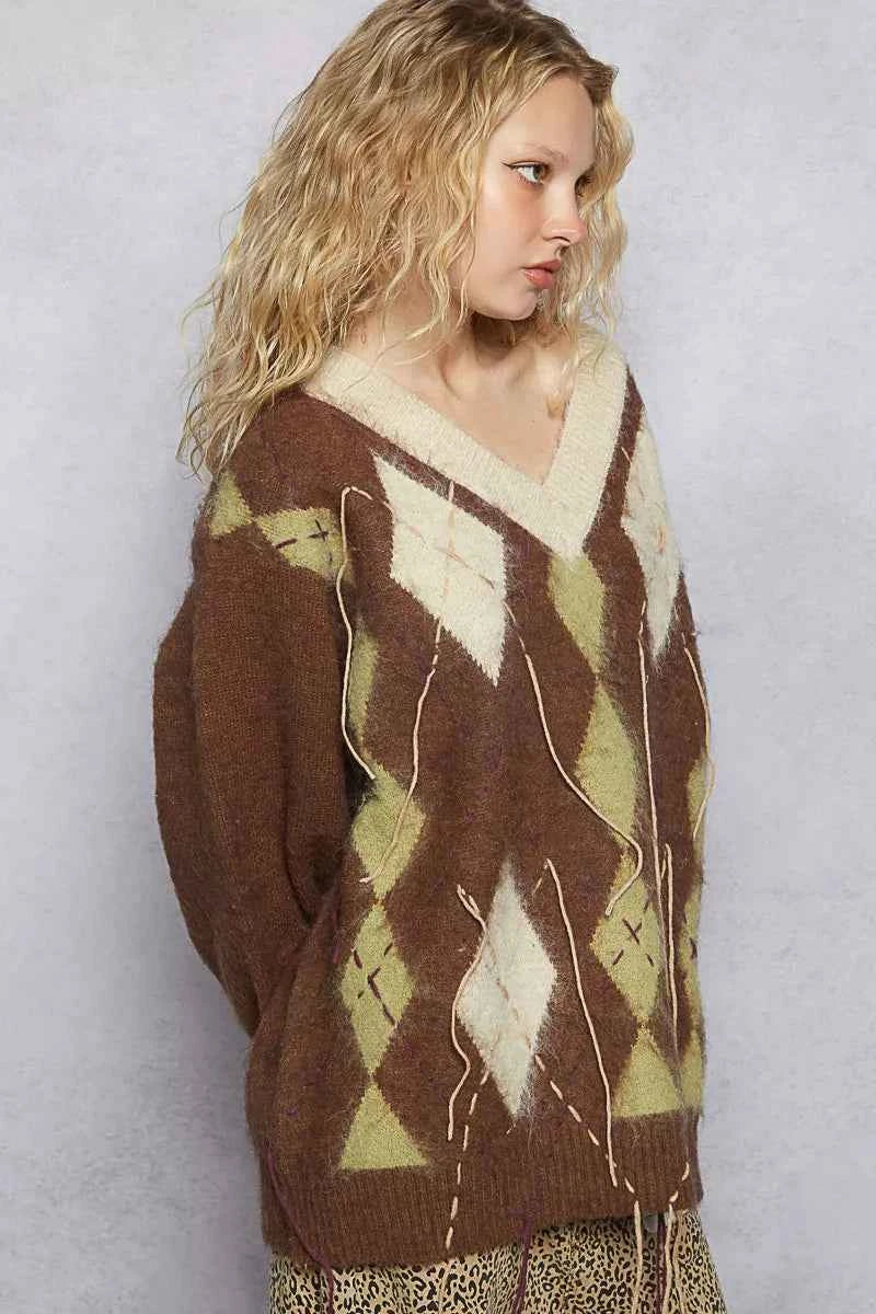 TEEK - V-Neck Argyle Pattern Mohair Contrast Exposed Stitch Sweater TOPS TEEK Trend