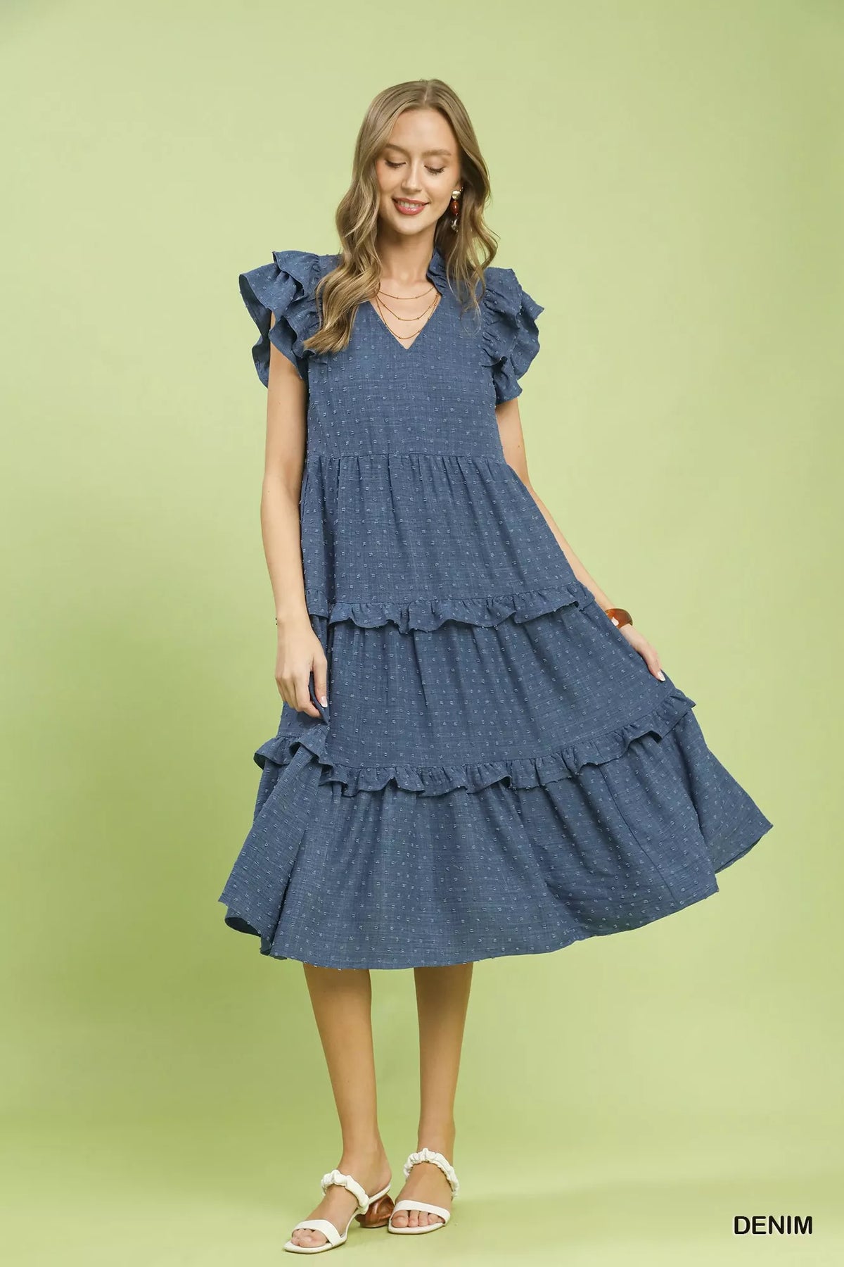 TEEK - Textured Ruffle Sleeve Tiered Midi Dress DRESS TEEK Trend