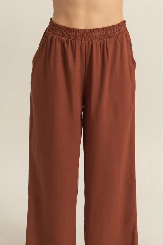 TEEK - Brown Elastic Waist Wide Leg Pants PANTS TEEK Trend
