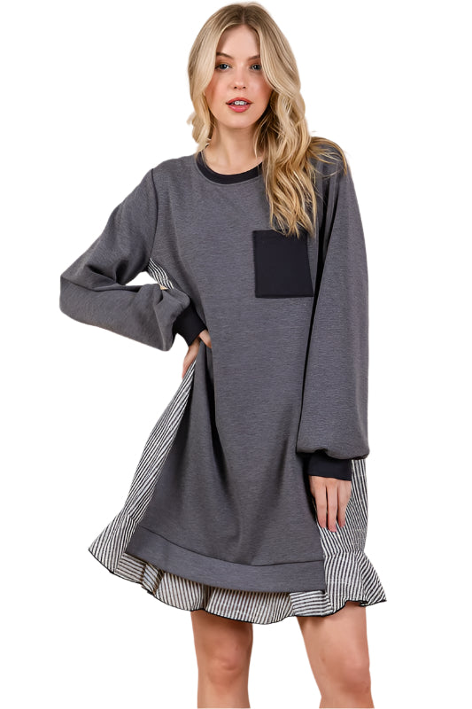 TEEK - Charcoal Striped Patchwork Terry Sweatshirt Dress DRESS TEEK Trend S