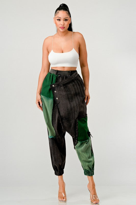TEEK - Green Multicolor Punk Style Loose Washed Pants