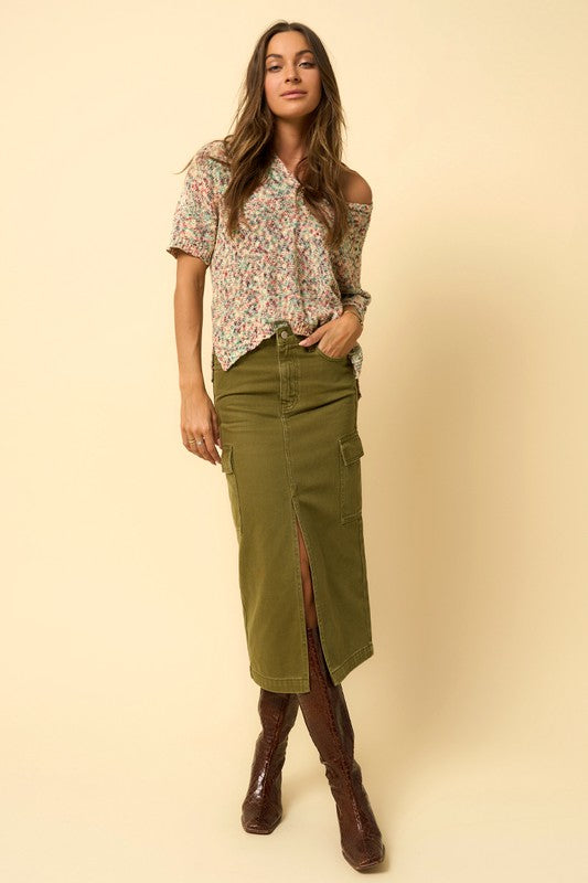 TEEK - TRUE OLIVE COLOR CARGO MIDI SKIRT SKIRT TEEK FG
