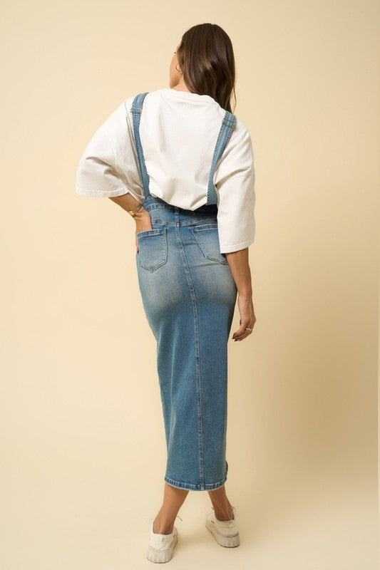 TEEK - DENIM BLUE BACKLESS OVERALL LONG SKIRT OVERALLS TEEK FG