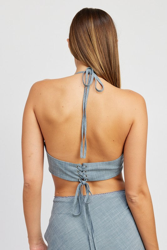TEEK - CHAMBRAY UNDERWIRE CROPPED HALTER TOP TOPS TEEK FG