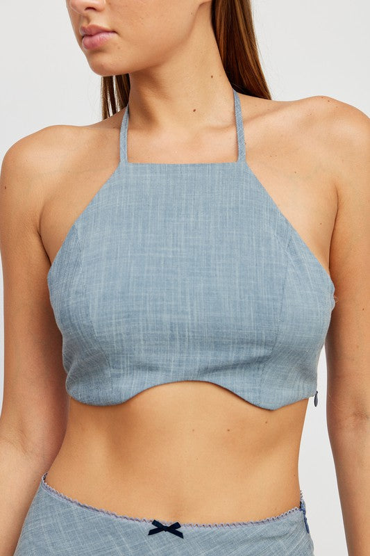 TEEK - CHAMBRAY UNDERWIRE CROPPED HALTER TOP TOPS TEEK FG