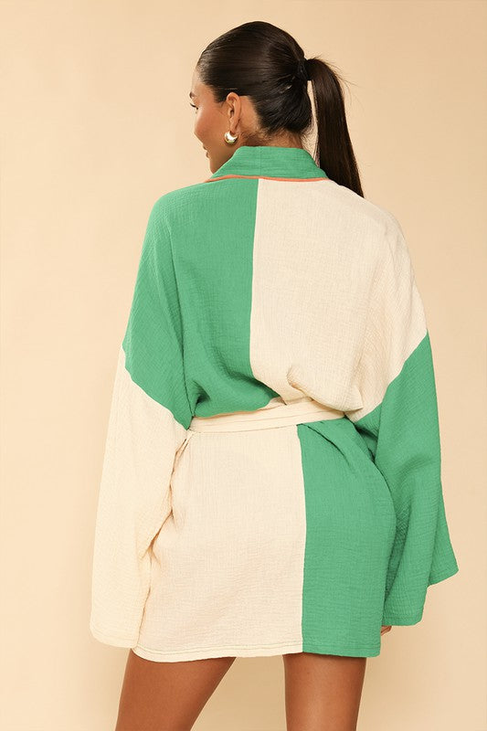 TEEK - Green Cream Two Tone Kimono Robe ROBE TEEK FG