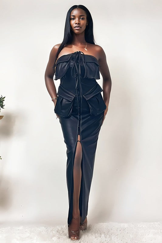 TEEK - Tie Tie Black Pocket Faux Leather Dress DRESS TEEK FG