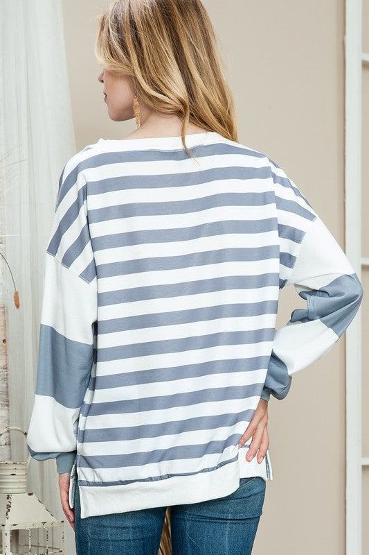 TEEK - Striped Casual Drop Shoulder Pullover Sweatshirt TOPS TEEK FG