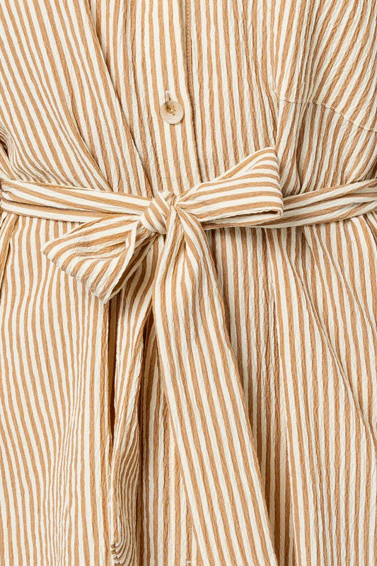 TEEK - Cream-Taupe Stripe Half-Sleeve Buttoned Shirt Dress DRESS TEEK FG