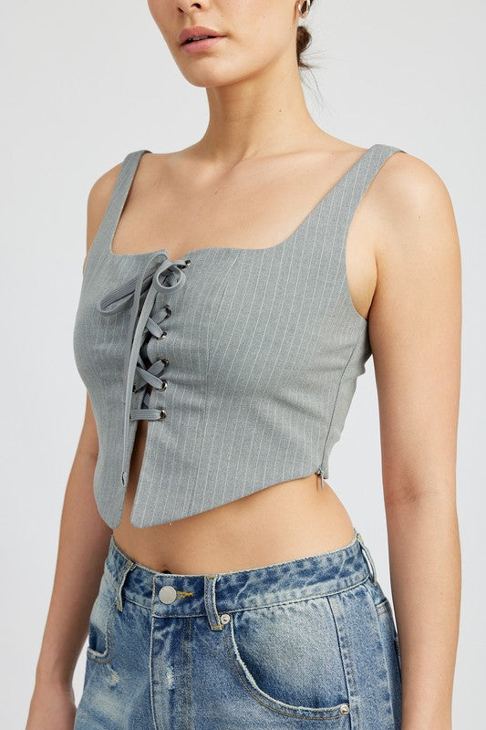 TEEK - GREY WHITE SQUARE NECK TOP WITH LACE UP FRONT TOPS TEEK FG
