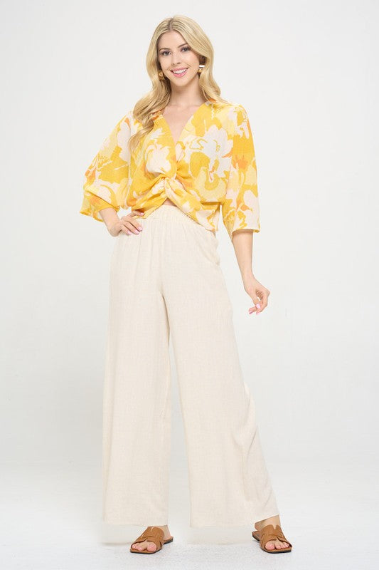 TEEK - Yellow Floral Mid Sleeve Top Front Twist TOPS TEEK FG