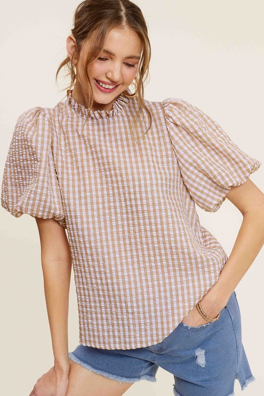 TEEK - Gingham Check Print Puff Sleeve Top TOPS TEEK FG