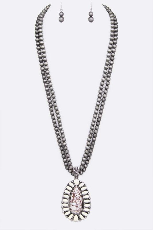 TEEK - Silver/White Large Stone Navajo Beaded Long Necklace Set JEWELRY TEEK FG