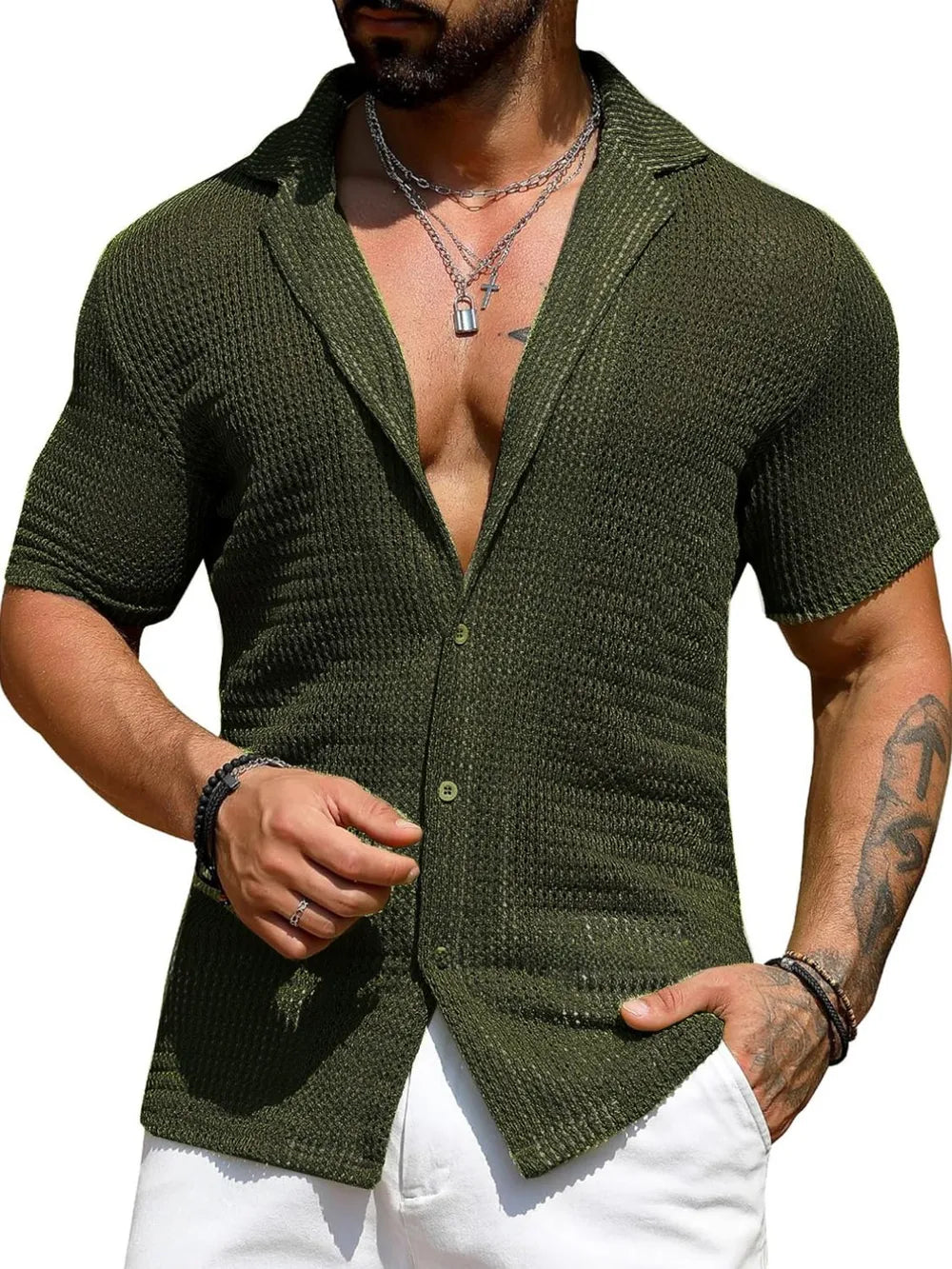 TEEK - Mens Openwork Buttoned Short Sleeve Shirt TOPS TEEK Trend Black Forest S