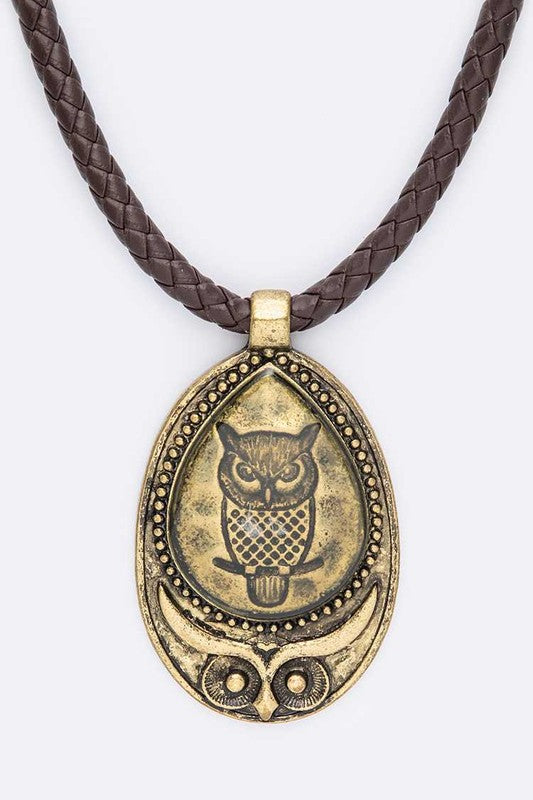 TEEK - Vintage Owl Pendant Braided Leather Necklace JEWELRY TEEK FG Gold/Brown