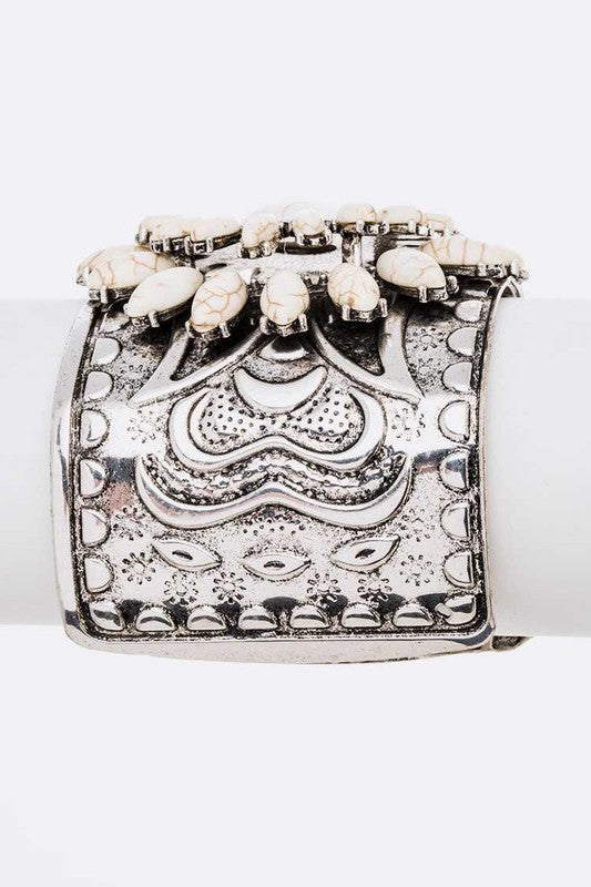 TEEK - Silver/White Genuine Stone Engraved Cuff Bangle JEWELRY TEEK FG