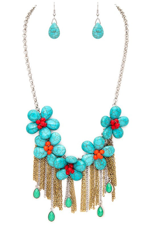 TEEK - Turquoise Flower Fringe Chain Necklace Set