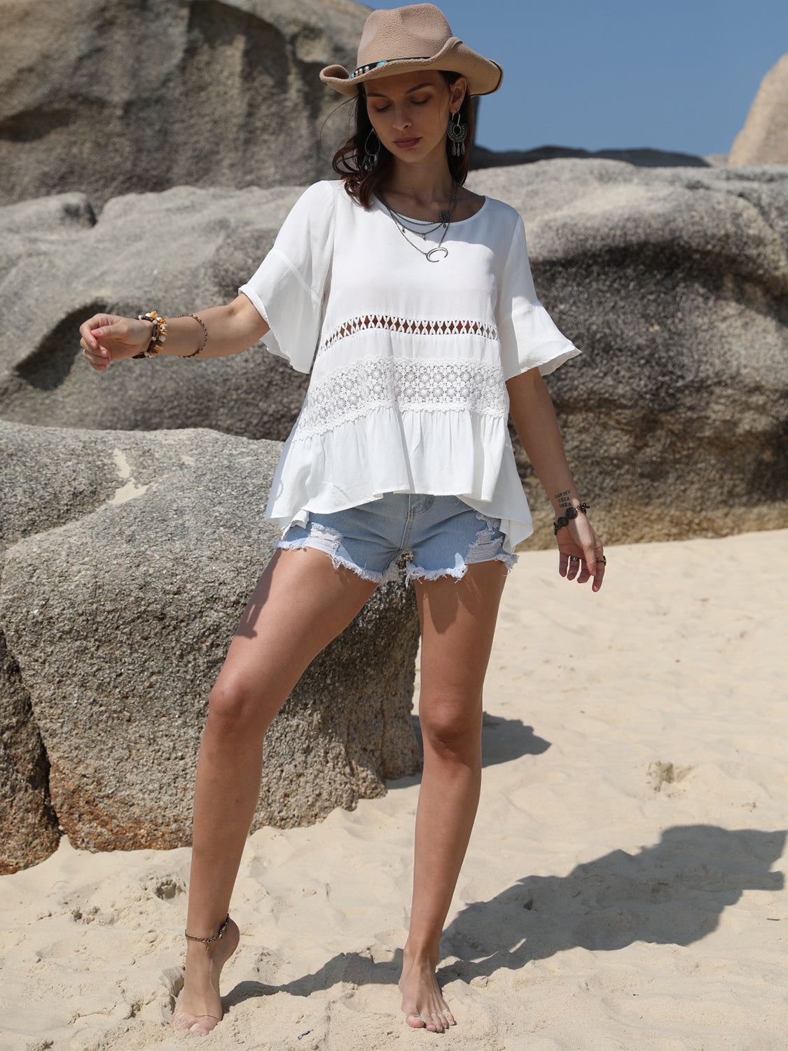 TEEK - White Lace Detail Round Neck Half Sleeve Blouse TOPS TEEK Trend