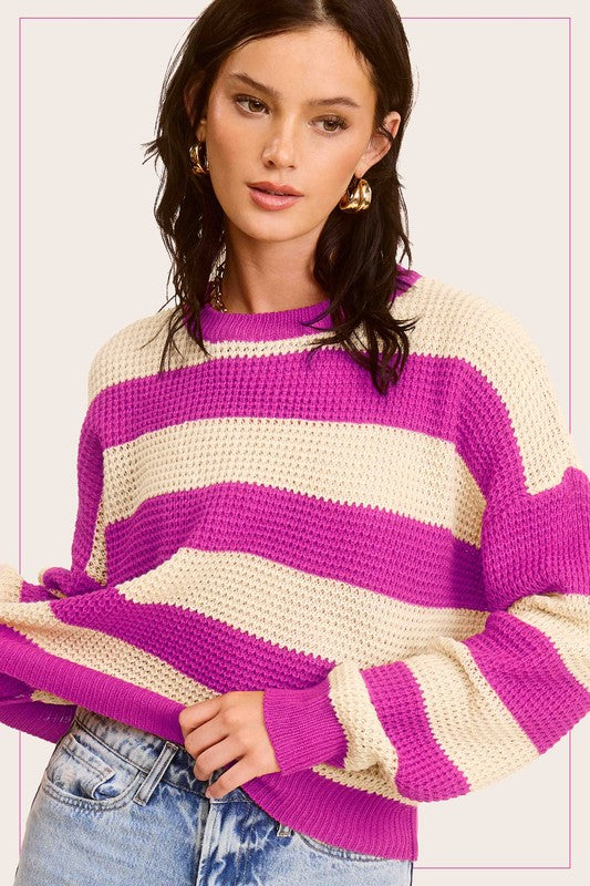 TEEK - Striped Round Neck Loose Fit Sweater TOPS TEEK MH