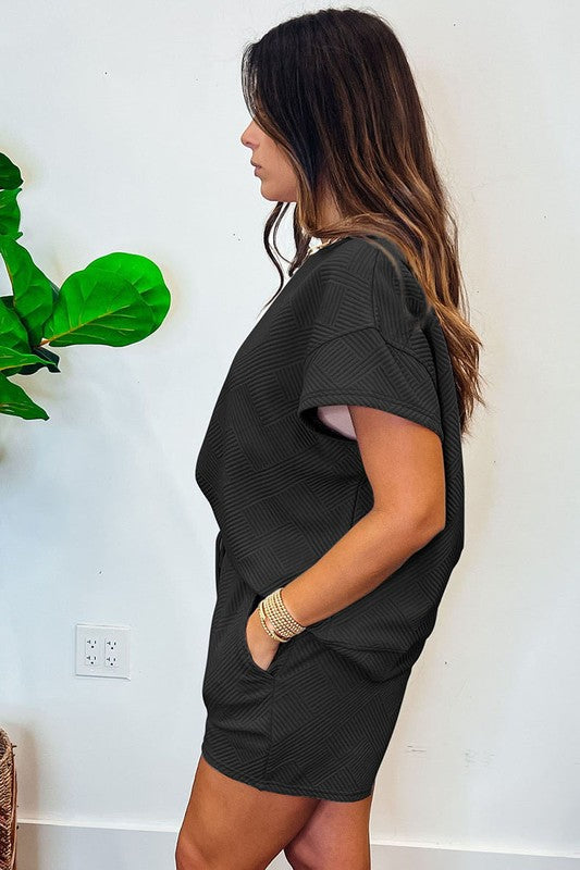 TEEK - 2pcs Solid Black Textured Drawstring Shorts Set SET TEEK FG