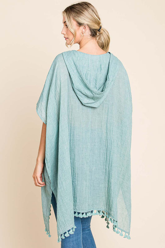 TEEK - MINT Cotton Bleu Tassel Hem Hooded Cover Up TOPS TEEK Trend