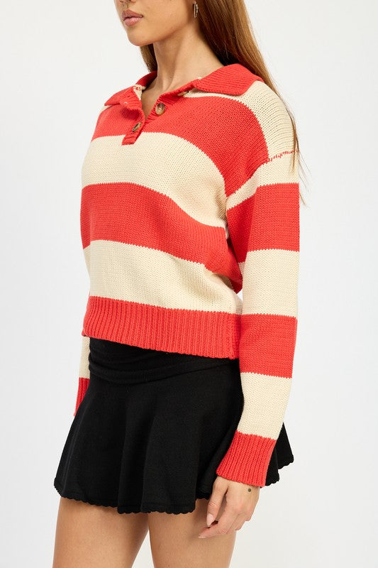 TEEK - RED COMBO STRIPED COLLARED SWEATER TOP TOPS TEEK FG