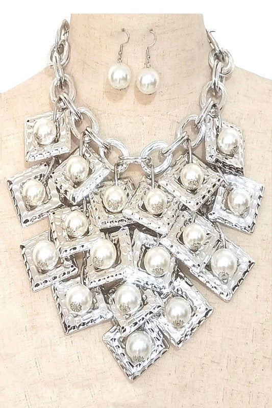 TEEK - Layered Flat Square Link Fringe Pearl Necklace Set JEWELRY TEEK FG Silver