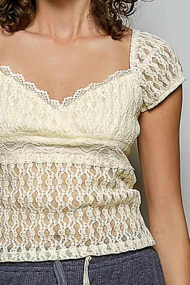 POL Sweetheart Neck Lace Short Sleeve Top Trendsi