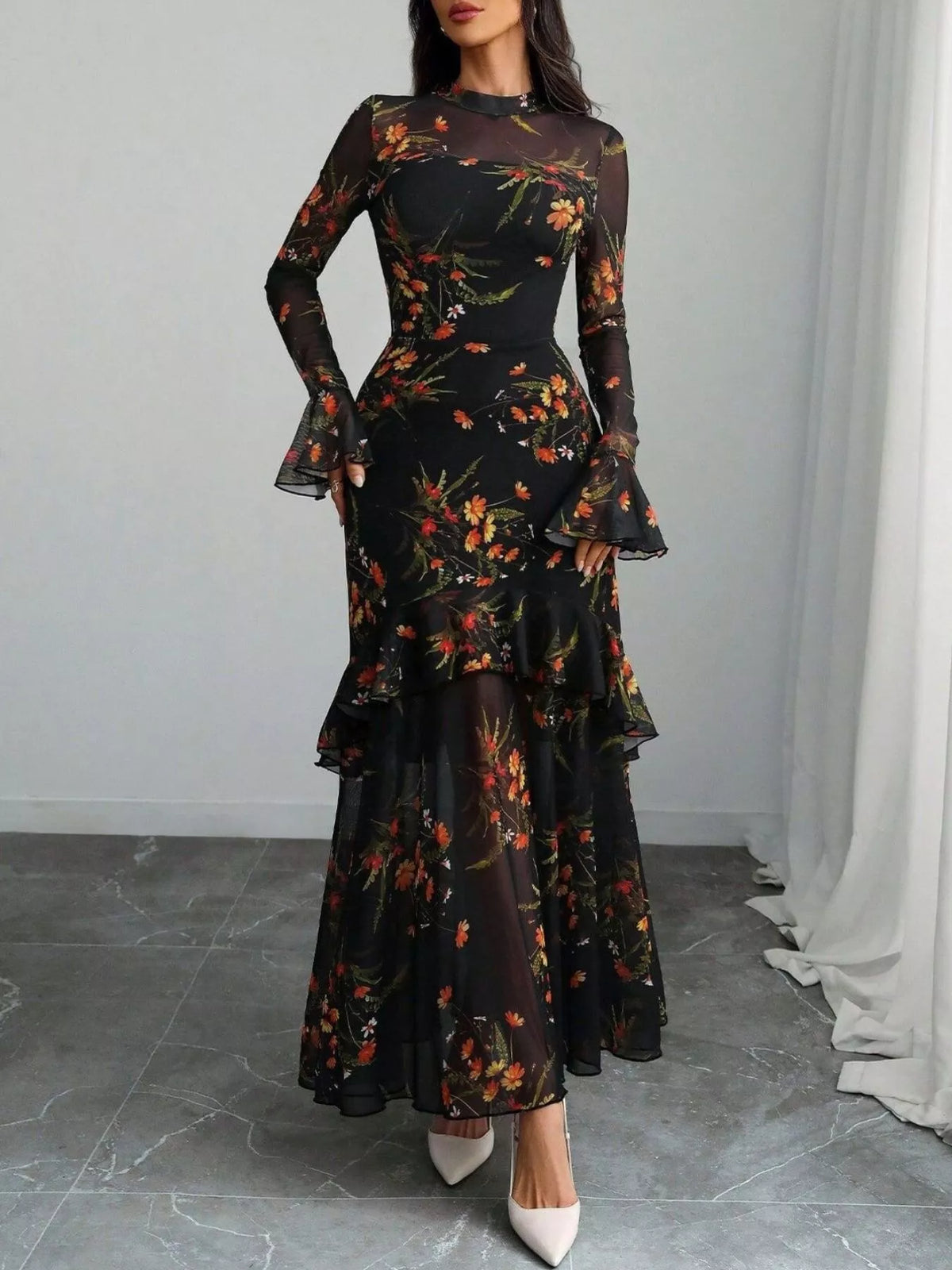 TEEK - Floral Print Flounce Sleeve Mermaid Maxi Dress DRESS TEEK Trend