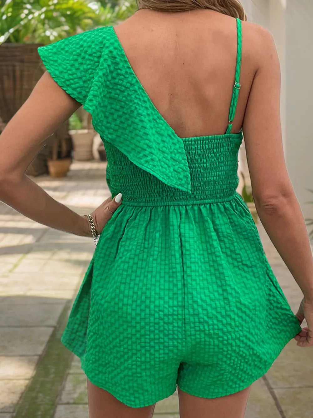 TEEK - Green Smocked Back Asymmetrical Ruffled Romper JUMPSUIT TEEK Trend