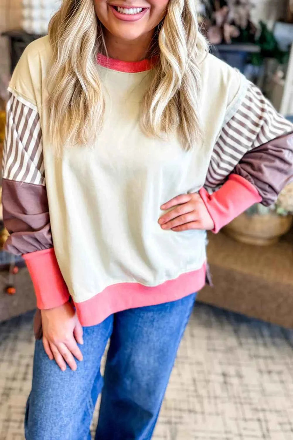 TEEK - Color Block Striped Patchwork Dolman Slit Sweatshirt TOPS TEEK Trend