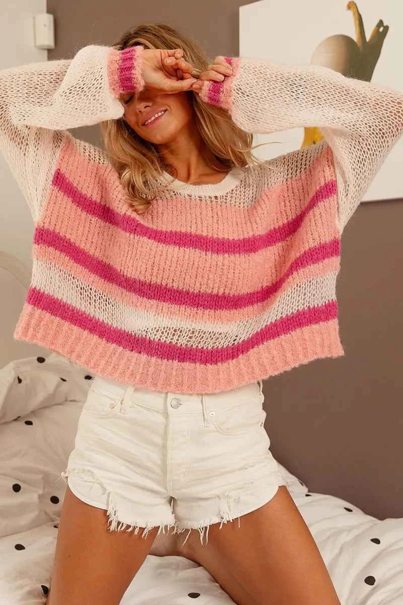 TEEK - Hollow Out Yoke Detail Striped Sweater TOPS TEEK Trend