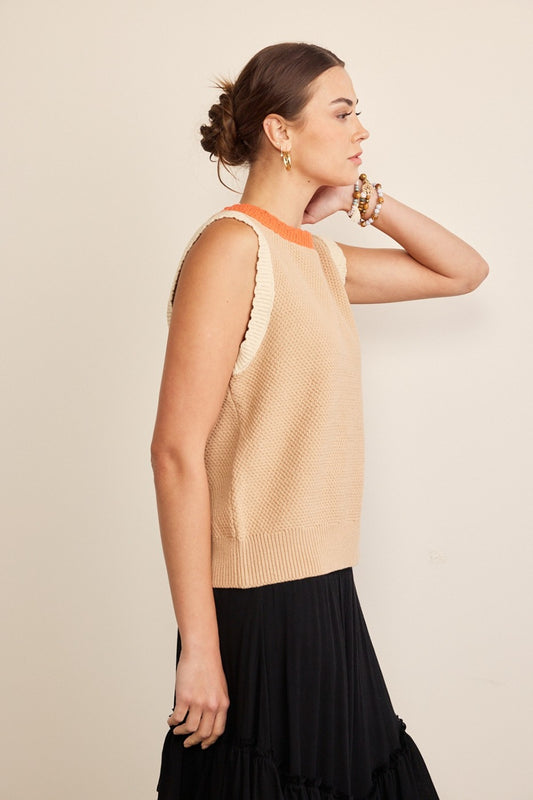 TEEK - Taupe Multi Contrast Round Neck Knit Top TOPS TEEK Trend