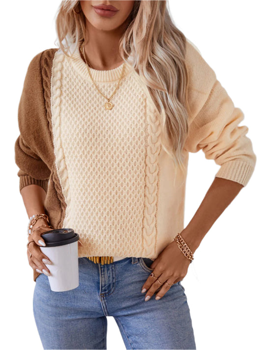 TEEK - Two Tone Cable Knit Round Neck Long Sleeve Sweater TOPS TEEK Trend Caramel S