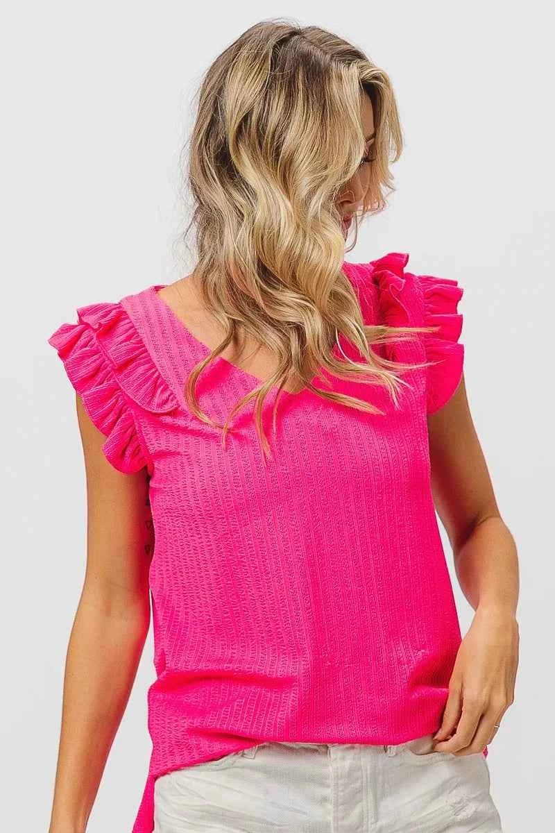 TEEK - Layered Ruffles Armhole V-Neck Rib Textured Top TOPS TEEK Trend