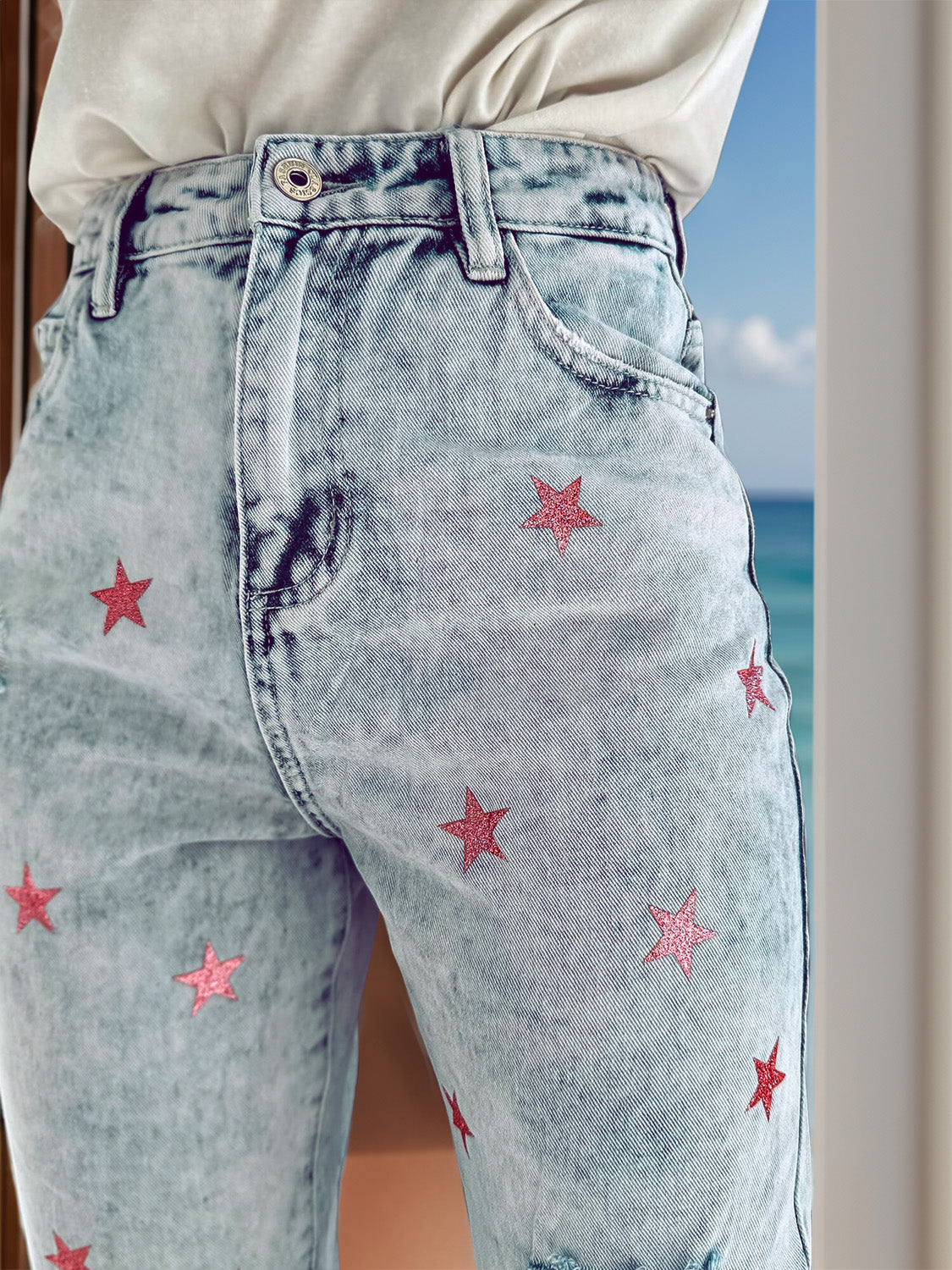 TEEK - Light Distressed Star Jeans with Pockets JEANS TEEK Trend