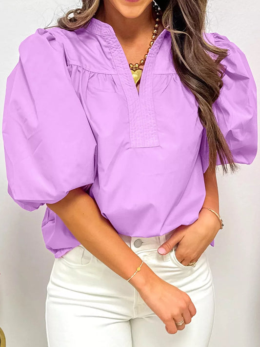 TEEK - Notched Puff Sleeve Blouse TOPS TEEK Trend