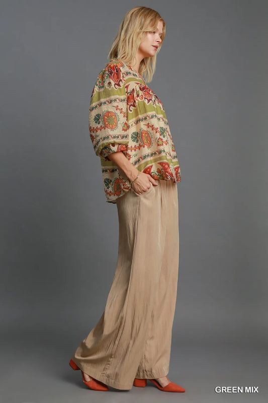 TEEK - Yellow Brown Border Notched 3/4 Puff Sleeve Blouse TOPS TEEK Trend