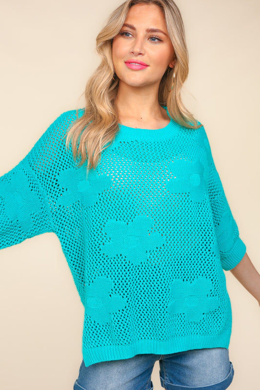 TEEK - Mint Floral Crochet Side Slit Knit Top TOPS TEEK Trend